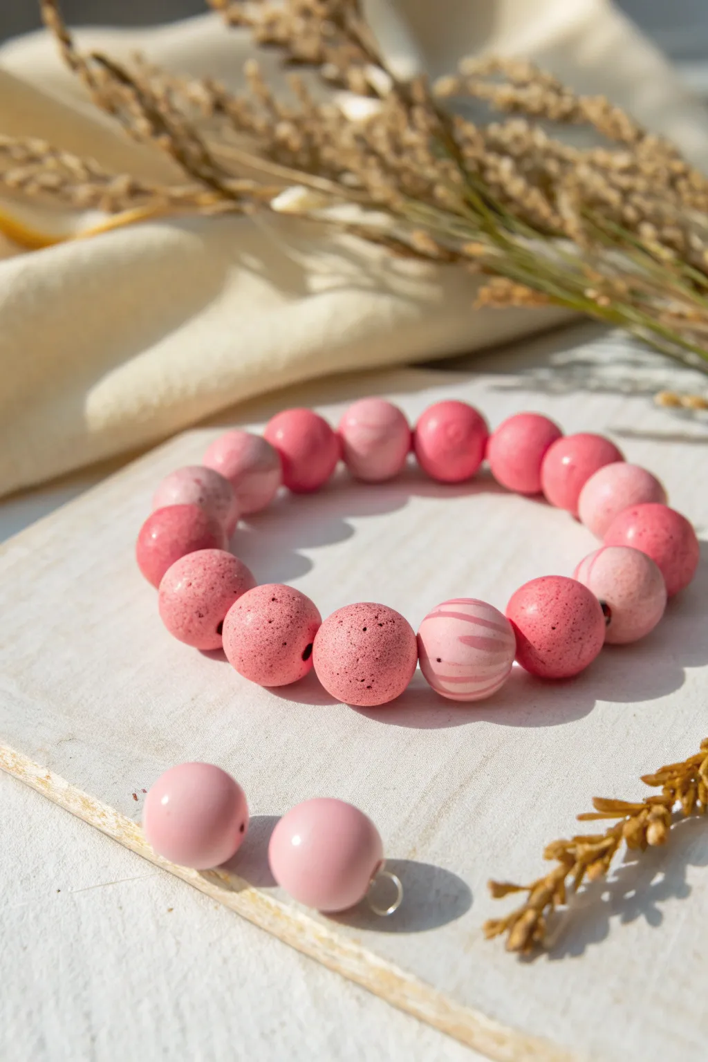 Make bubblegum pink bead bracelets with polymer clay for an easy, sweet minimalist boho look.