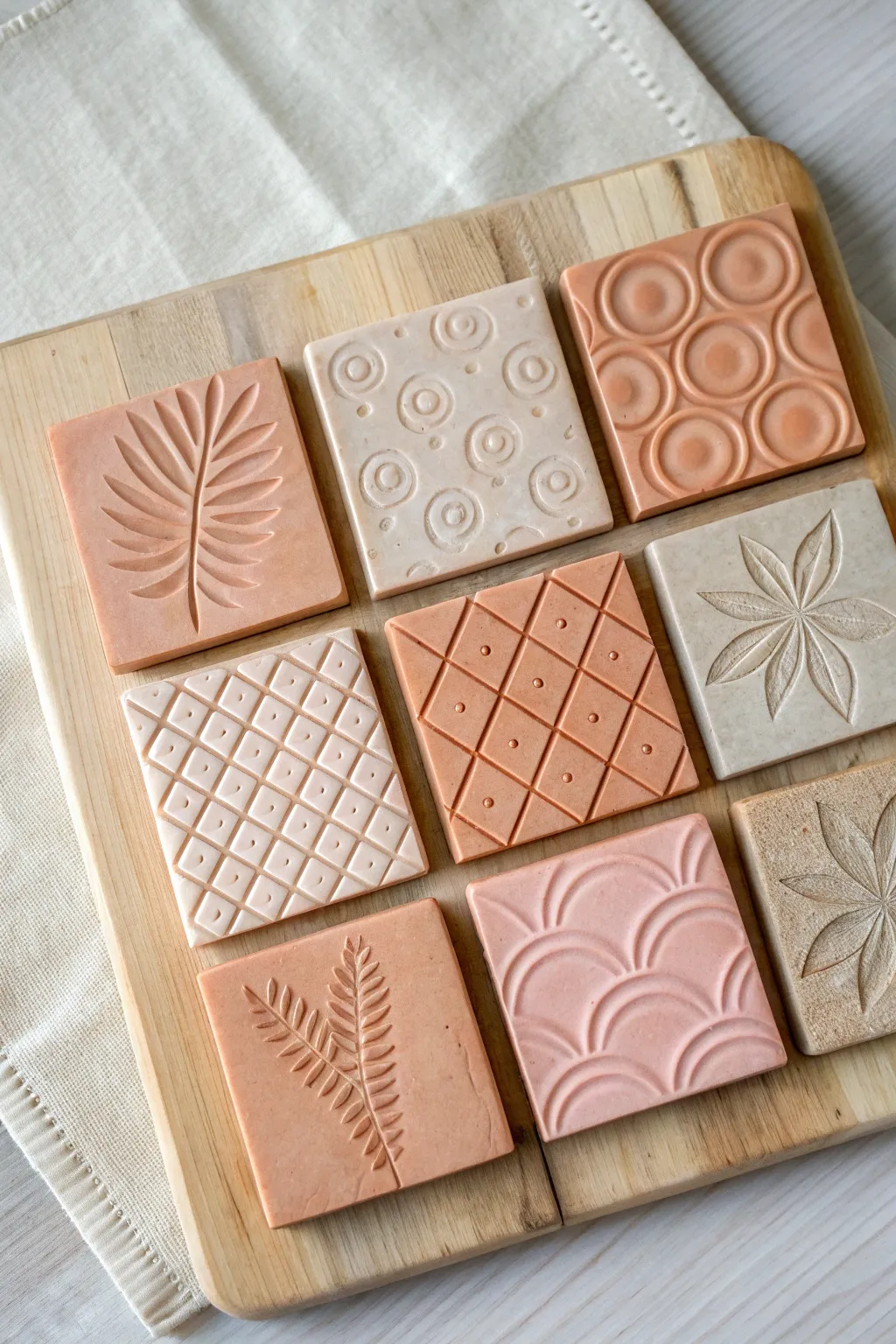 Stamped plasticine texture tiles arranged as a minimalist sampler board in soft Scandinavian style.