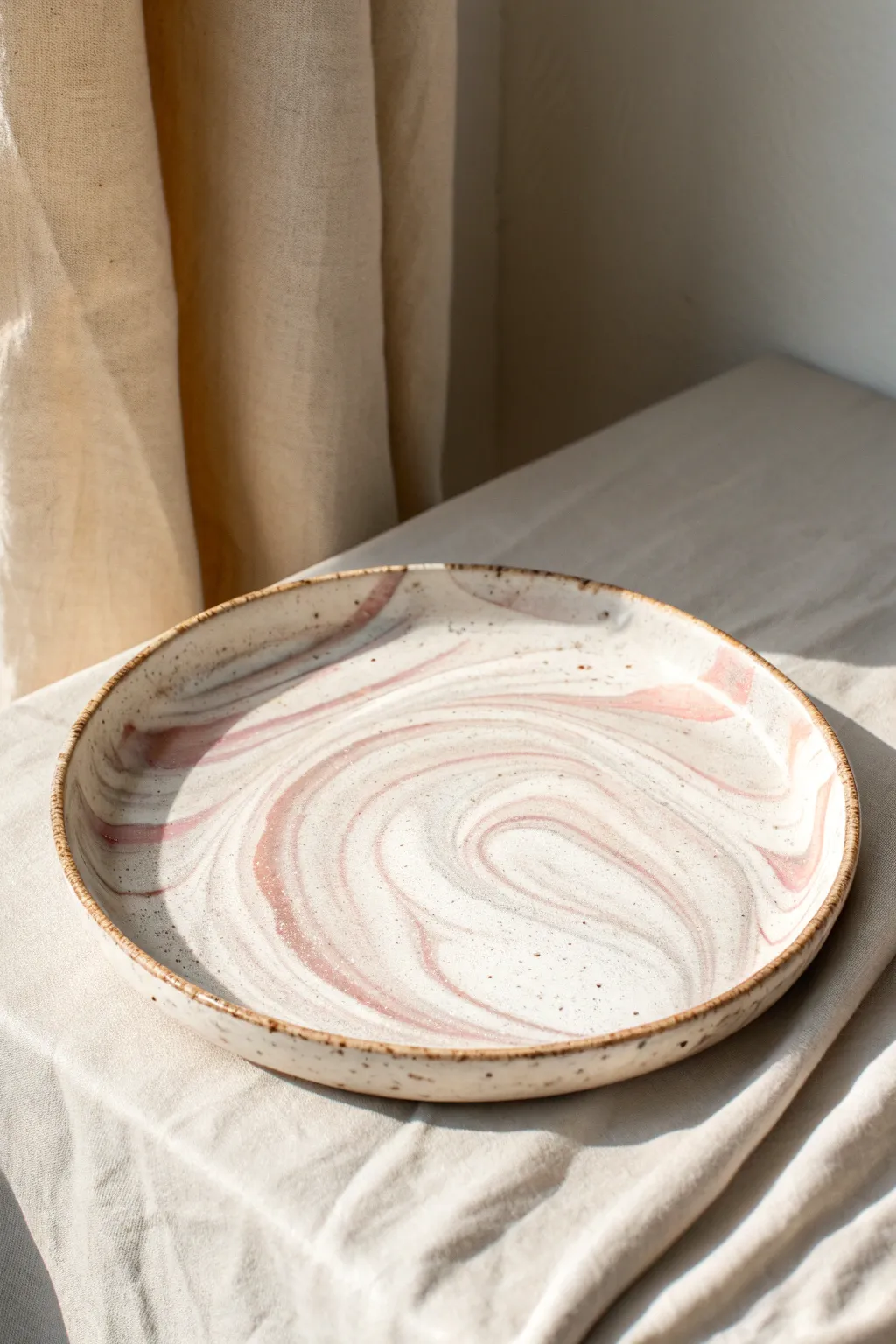 Soft gray and blush marbling on a white plate for an effortless stone-inspired finish.
