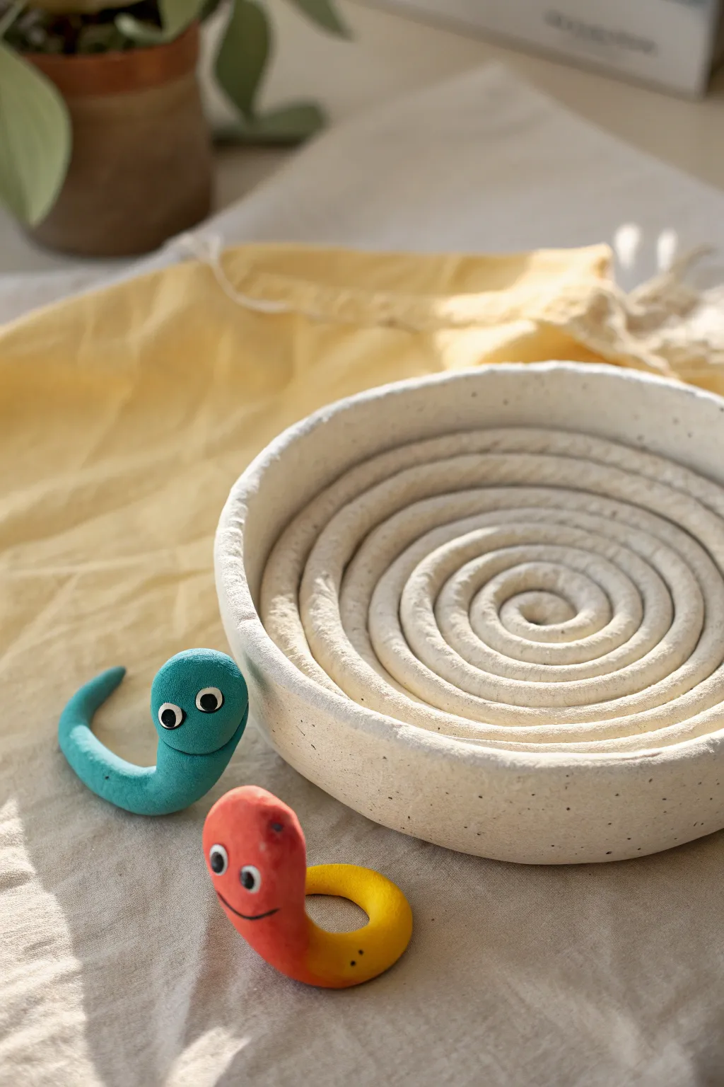 Bright coil bowl and cute clay snakes in minimalist Scandinavian style with playful color contrast