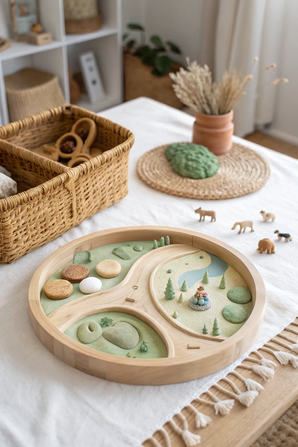 A simple playdough landscape tray with tiny figures, ready for calm small-world storytelling.