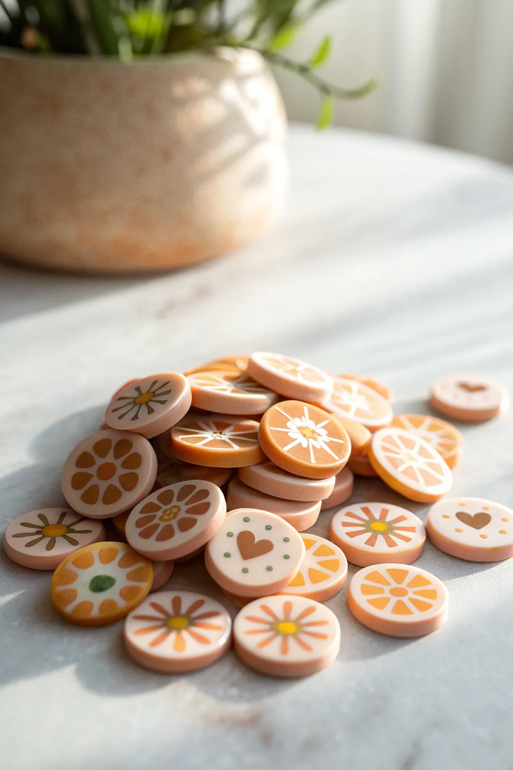 Tiny polymer clay cane slices with sweet heart, flower, and citrus motifs in soft minimal style