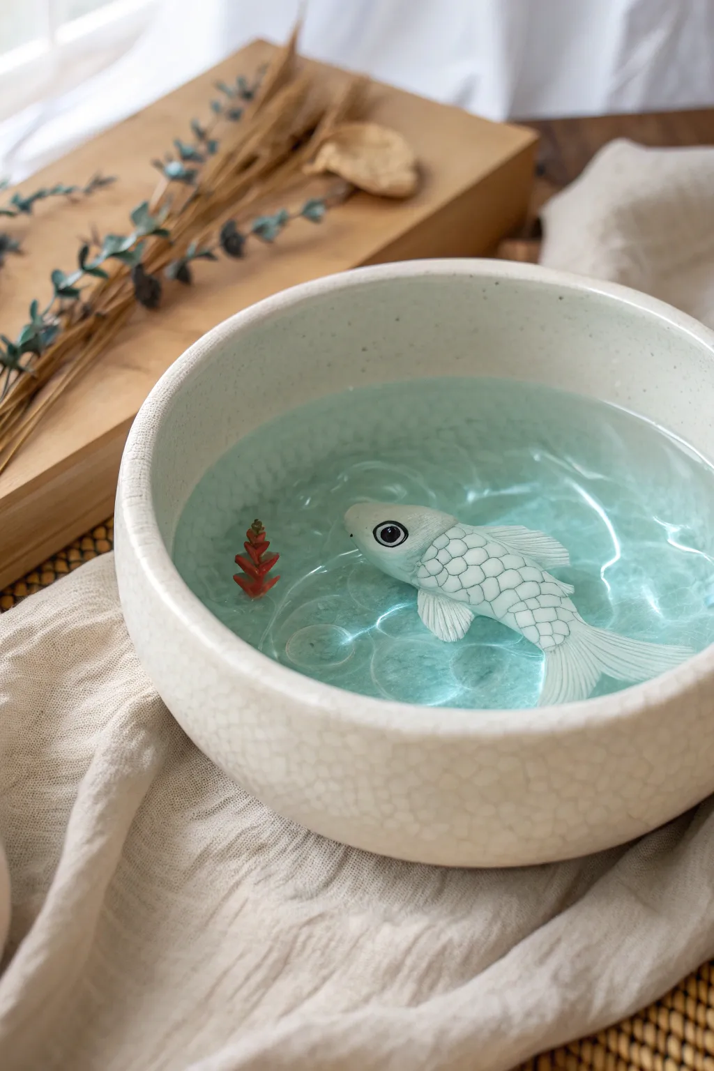 Resin pond bowl with a polymer clay fish beneath clear water-like resin, serene and chic