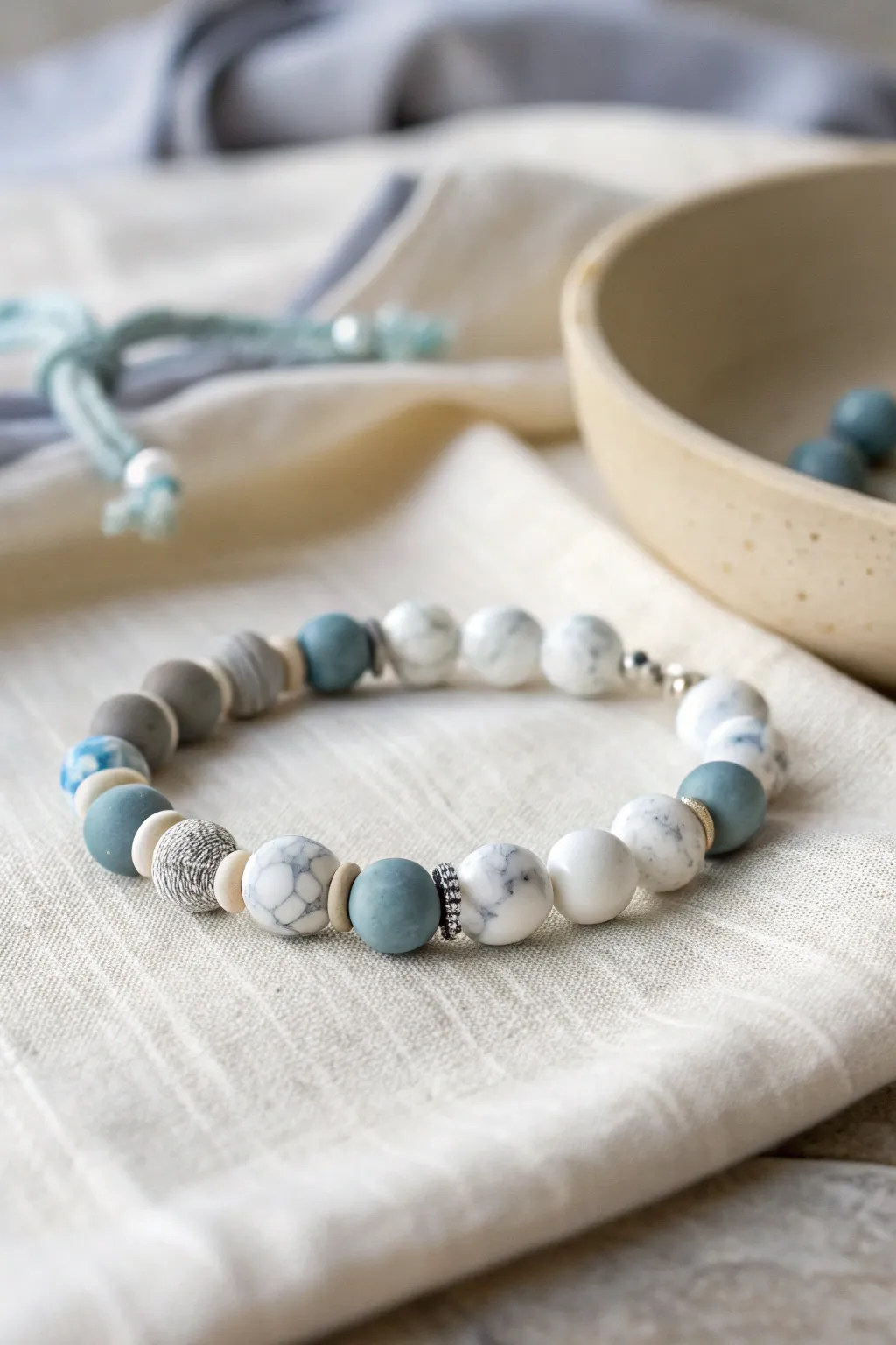 Cool-neutral faux marble polymer clay bracelet styling with soft blues and minimalist studio vibes