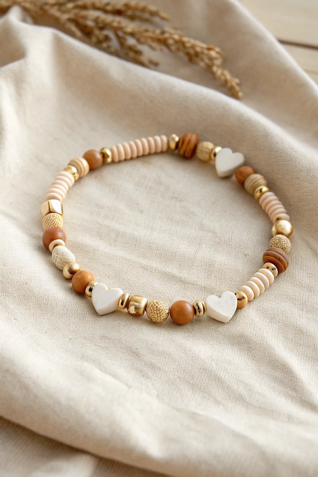 Mixed-shape polymer clay bracelet with heishi beads and spacers in a soft minimalist palette