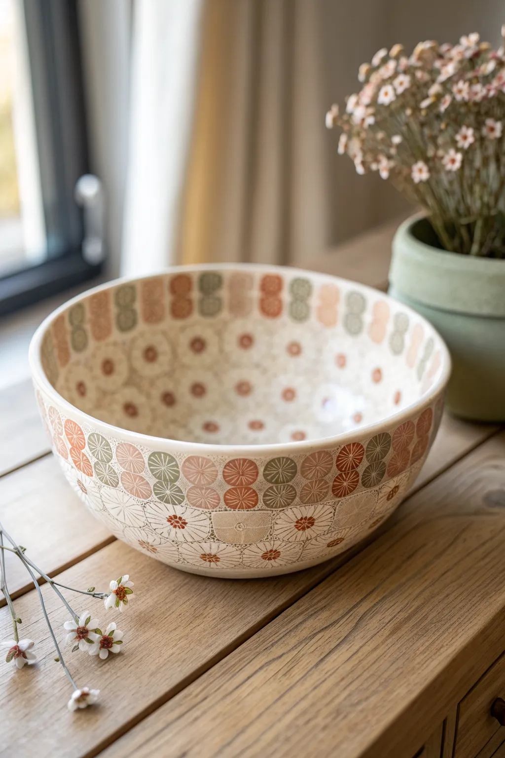 Cane-slice mosaic polymer clay bowl with a calm, modern pattern and warm neutral tones