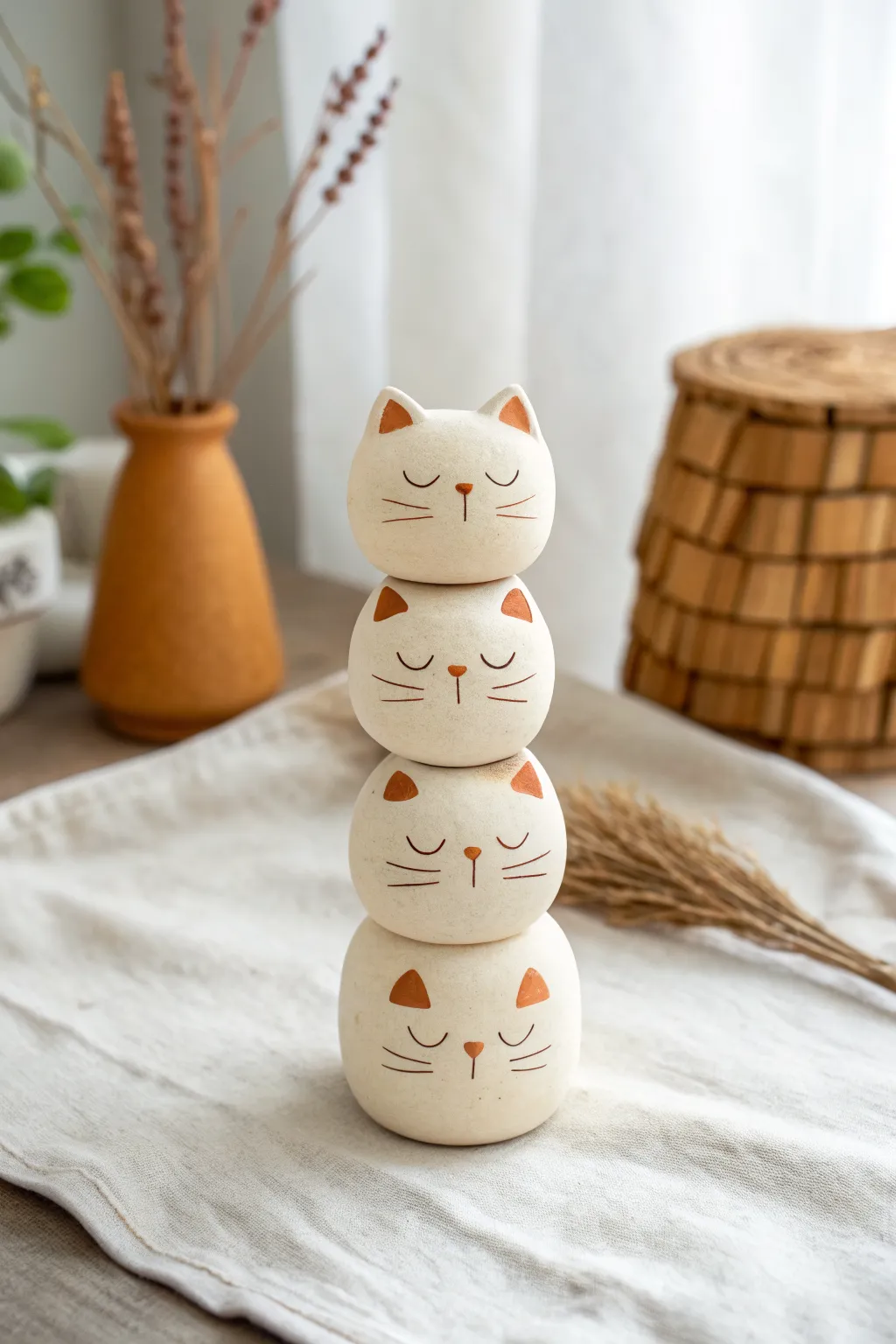 A minimalist stacked polymer clay cat totem that feels cozy, calm, and perfectly handmade.