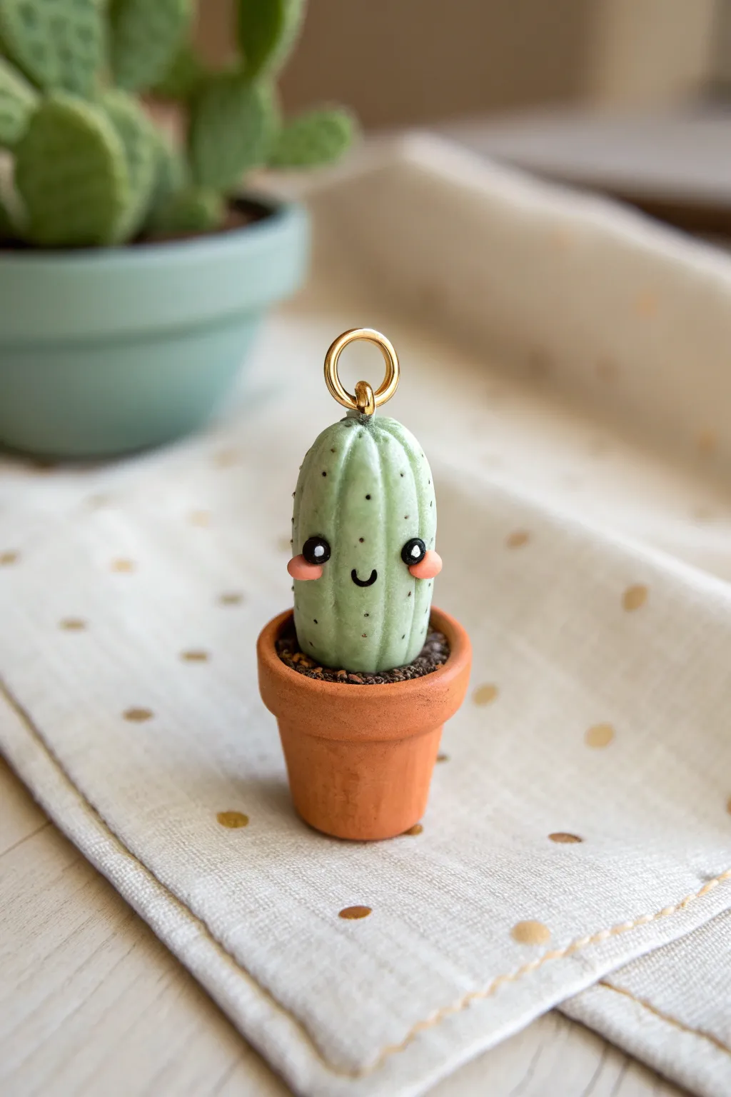 Tiny cactus pot charm with cute face and eye pin, minimalist boho polymer clay inspiration