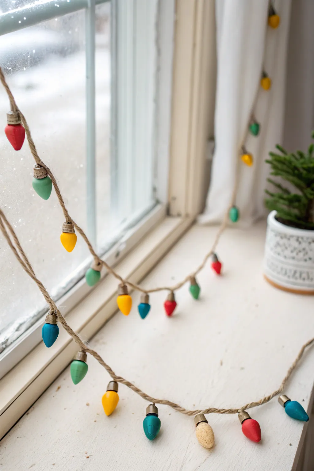 Polymer clay light bulb garland charms in cozy Scandinavian style, ready for the tree.