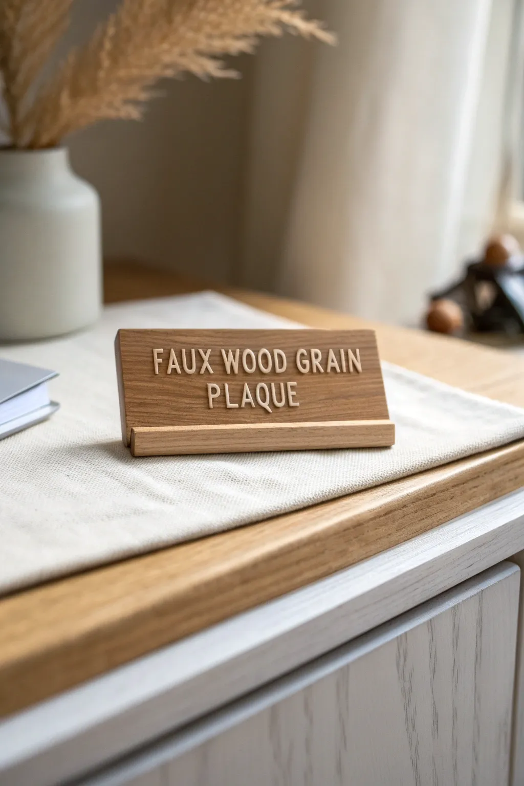 Wood-texture polymer clay name plaque with raised lettering in a cozy minimalist studio scene