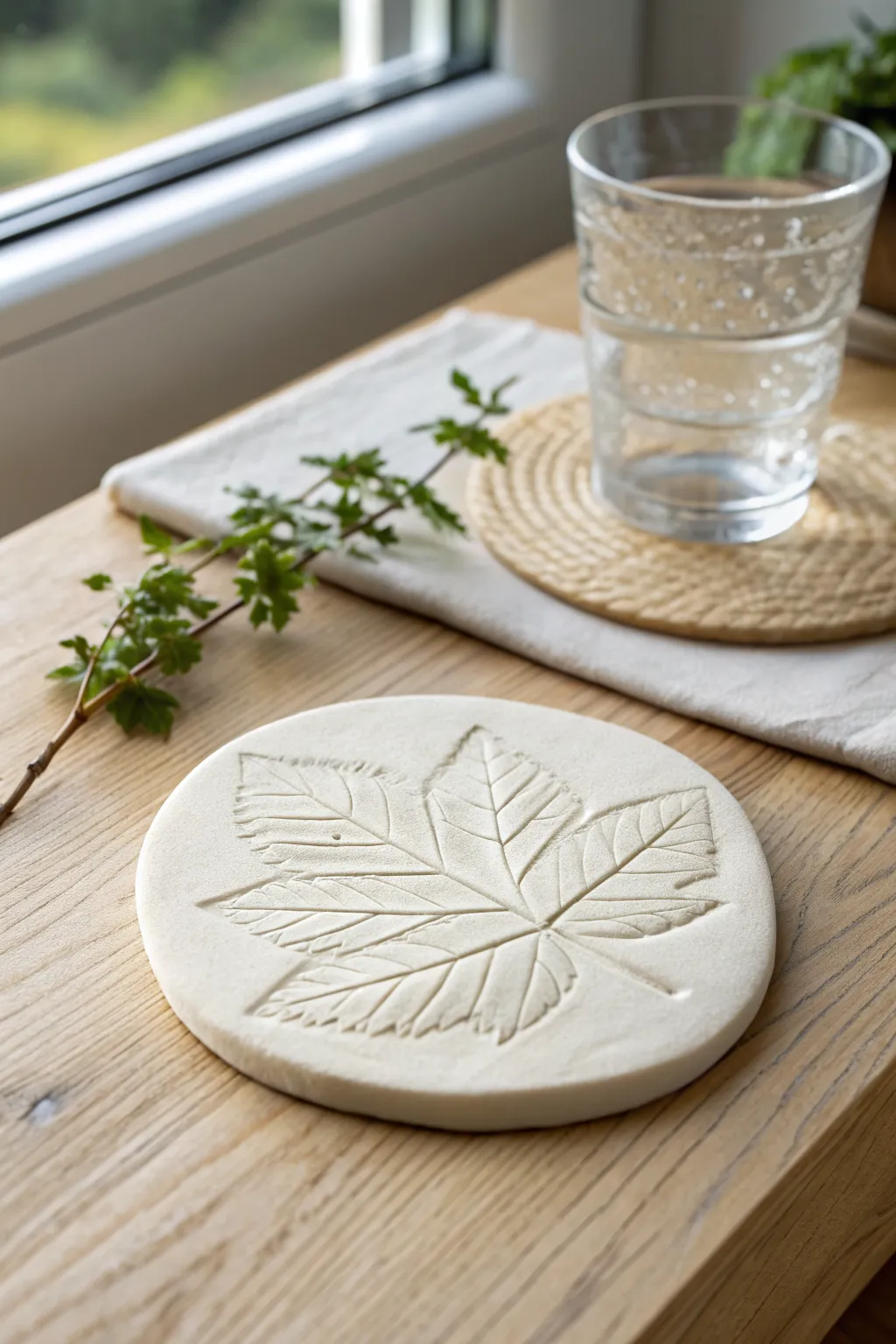 Botanical leaf-imprint polymer clay coaster on oak, minimal styling with fresh greenery and glass.