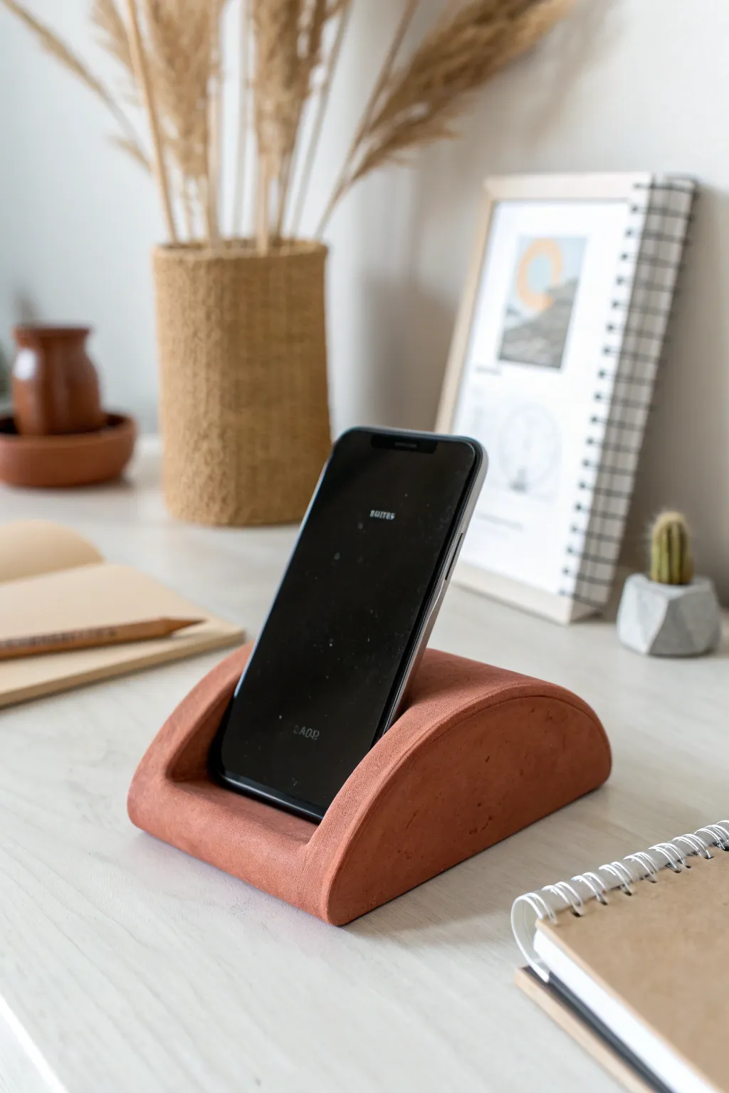 Chunky polymer clay phone stand sculpted from one block—minimalist, boho, desk-ready.