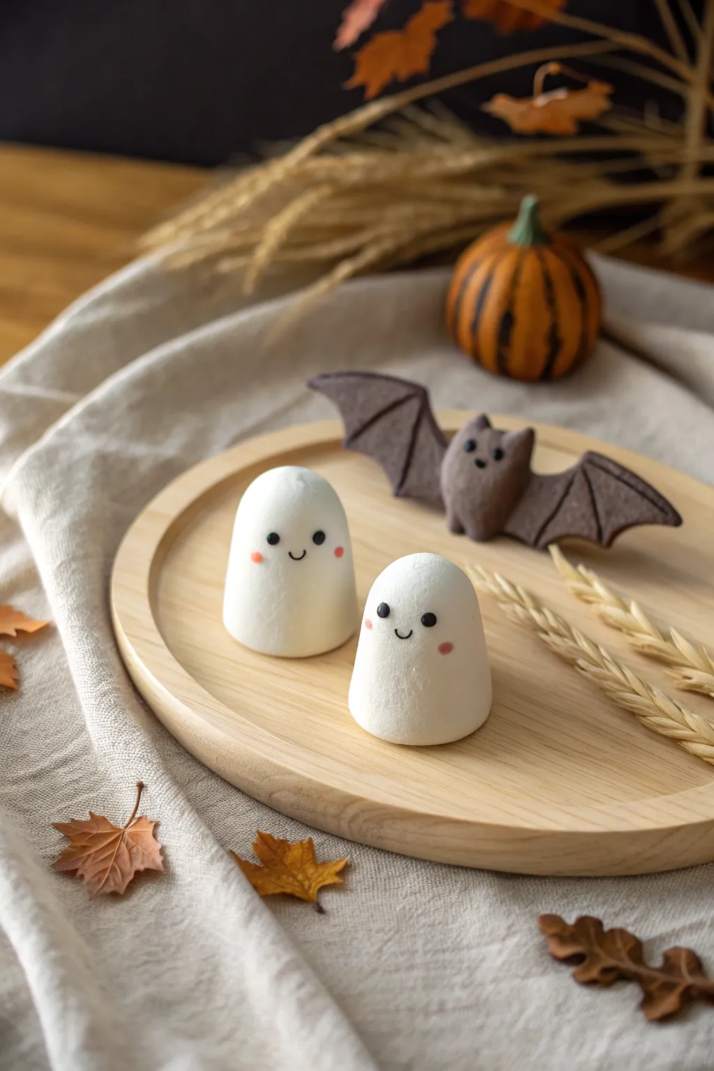 Sweet spooky date idea: a minimalist polymer clay ghost and bat couple in warm autumn tones