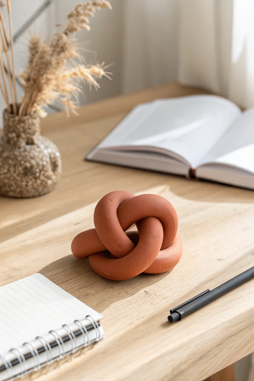 Minimalist knot-style polymer clay paperweight in earthy tone for calm desk styling.