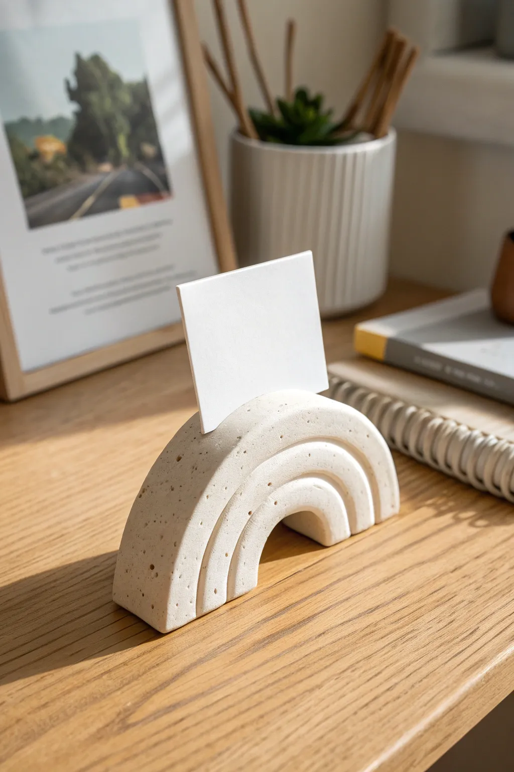 Minimal polymer clay card stand in a soft neutral palette, perfect for photos and postcards