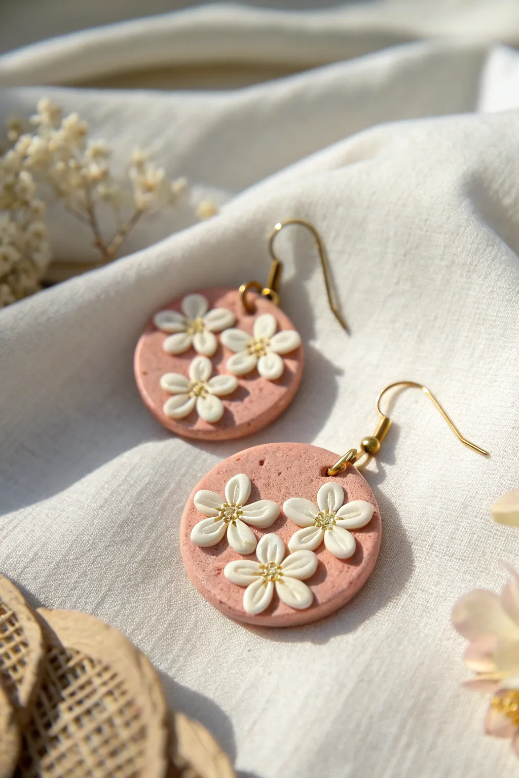 Minimalist polymer clay drop earrings with raised floral appliques, soft boho neutral palette.