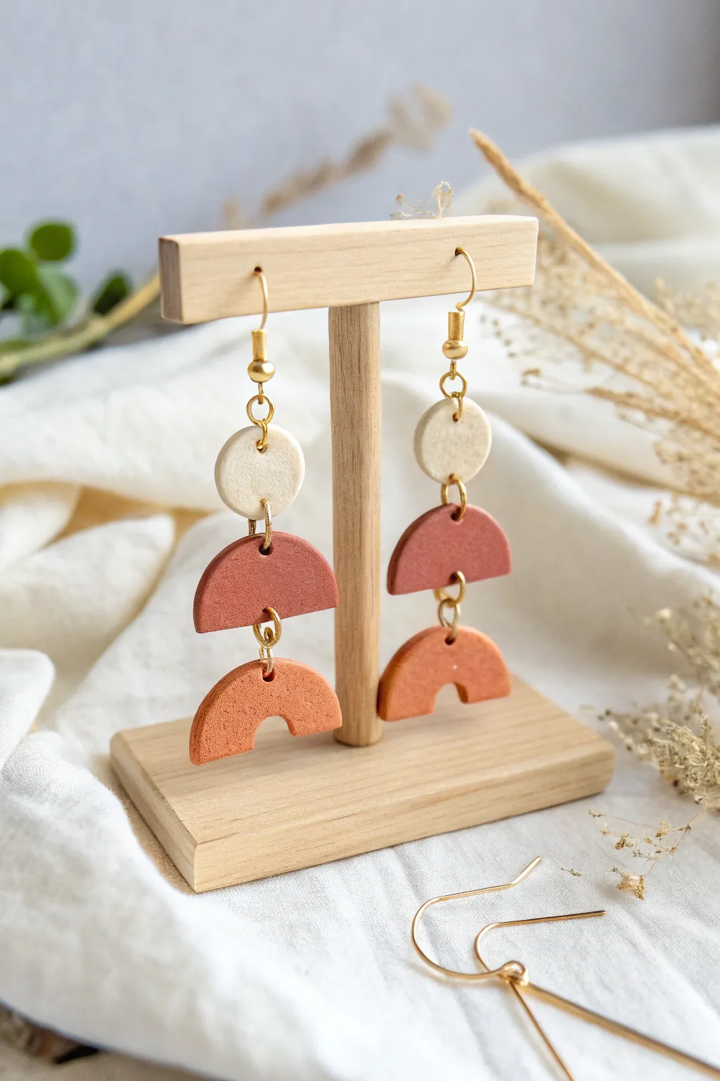 Beginner-friendly stacked polymer clay dangles with tiny links in soft minimalist, boho tones.