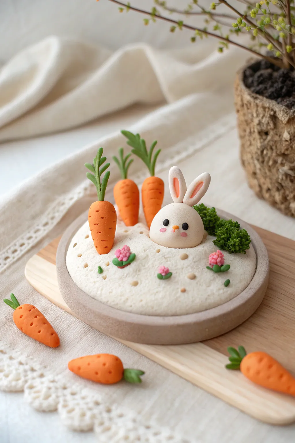 Sweet polymer clay carrot patch diorama with a peeking bunny, minimal, cozy, and handmade