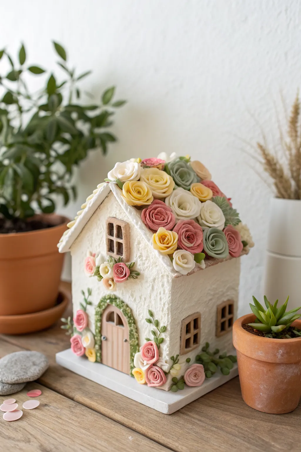 Polymer clay fairy house with mini window boxes and pots, bold blooms for easy charm