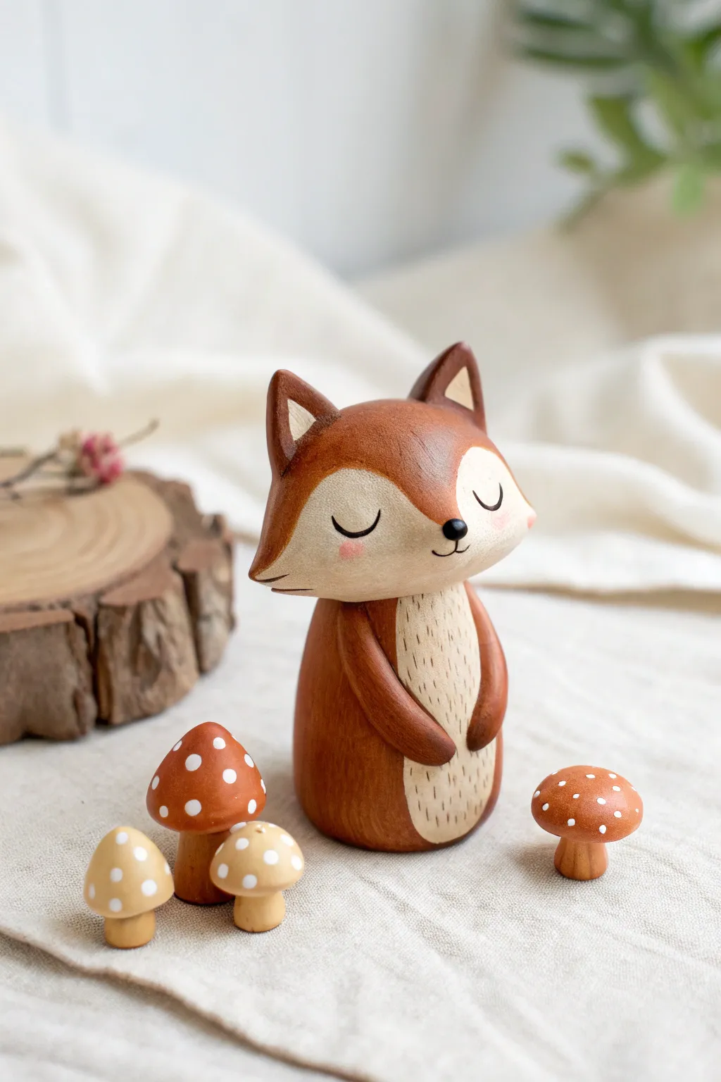 Cozy polymer clay fox with tiny mushroom backpack, minimalist forest charm for your shelf.