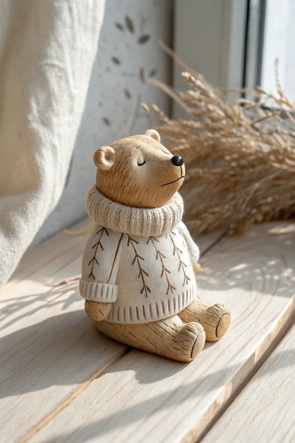 Cozy sweater bear figurine in warm neutrals, minimalist styling with a soft boho feel