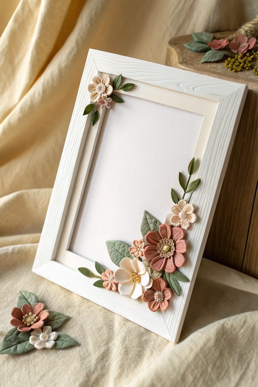Minimal frame with a pastel polymer clay blossom corner, Scandinavian calm with a boho touch.