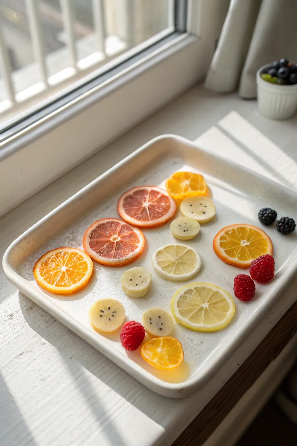 Mini polymer clay fruit slices with translucent citrus detail, styled in a clean minimalist grid