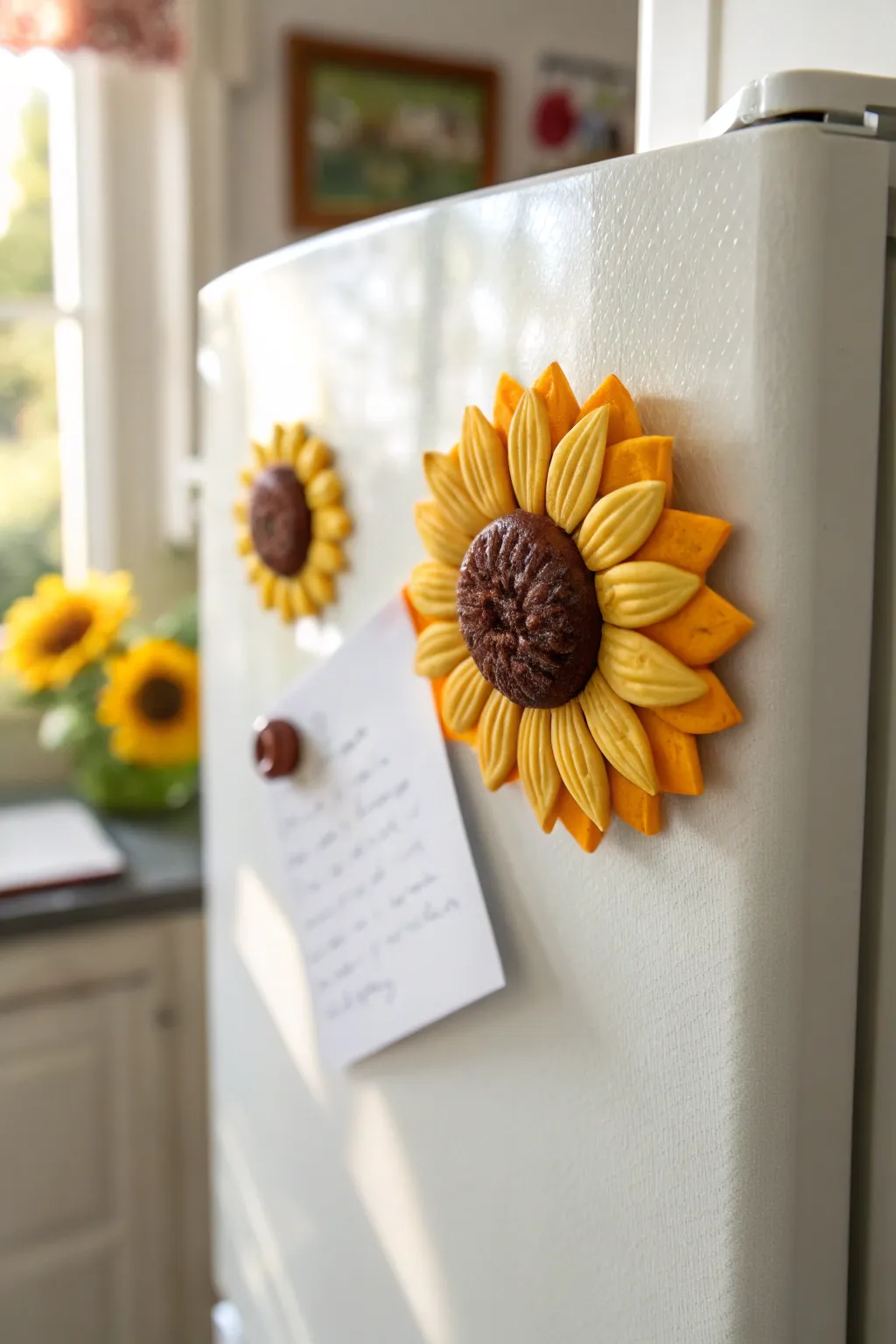 Bright sunflower polymer clay magnet holding a blank note, minimalist and warm on a white fridge