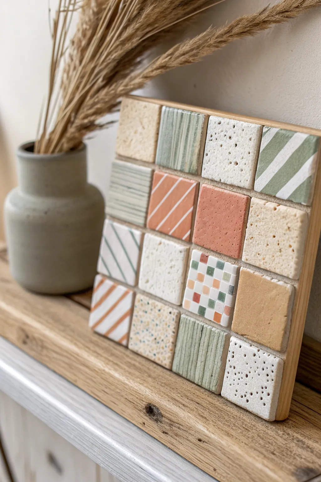 Minimal polymer clay faux tile squares bring a soft boho accent to a calm Scandinavian shelf.