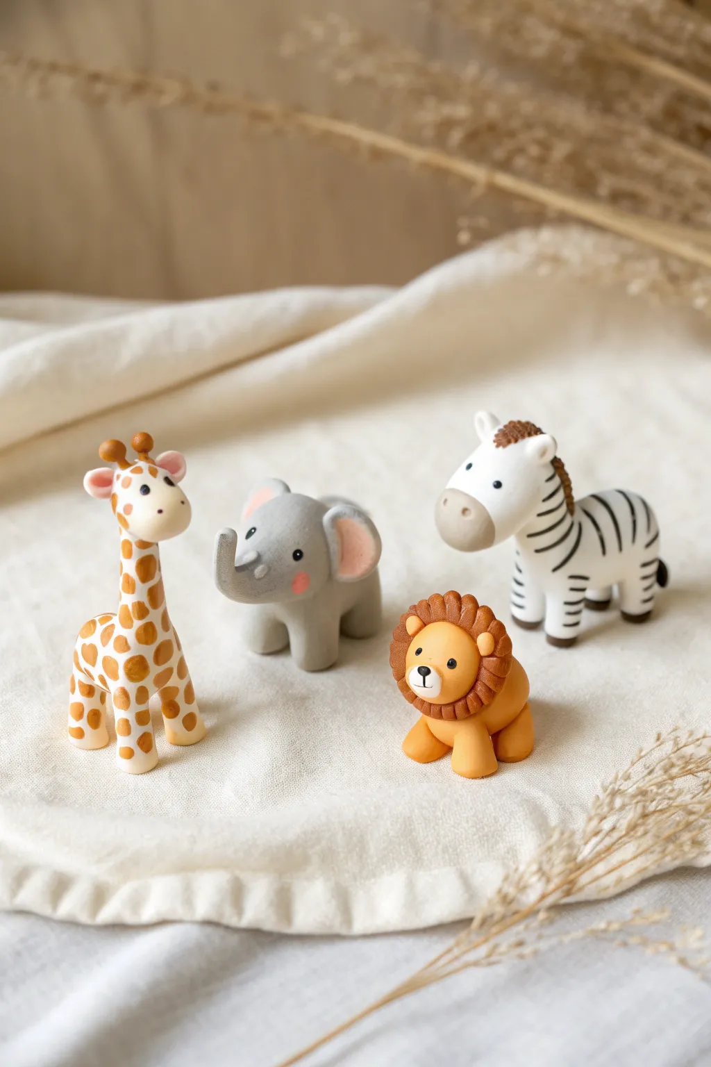 Mini safari polymer clay animals in a cute lineup, minimalist boho styling and soft natural light