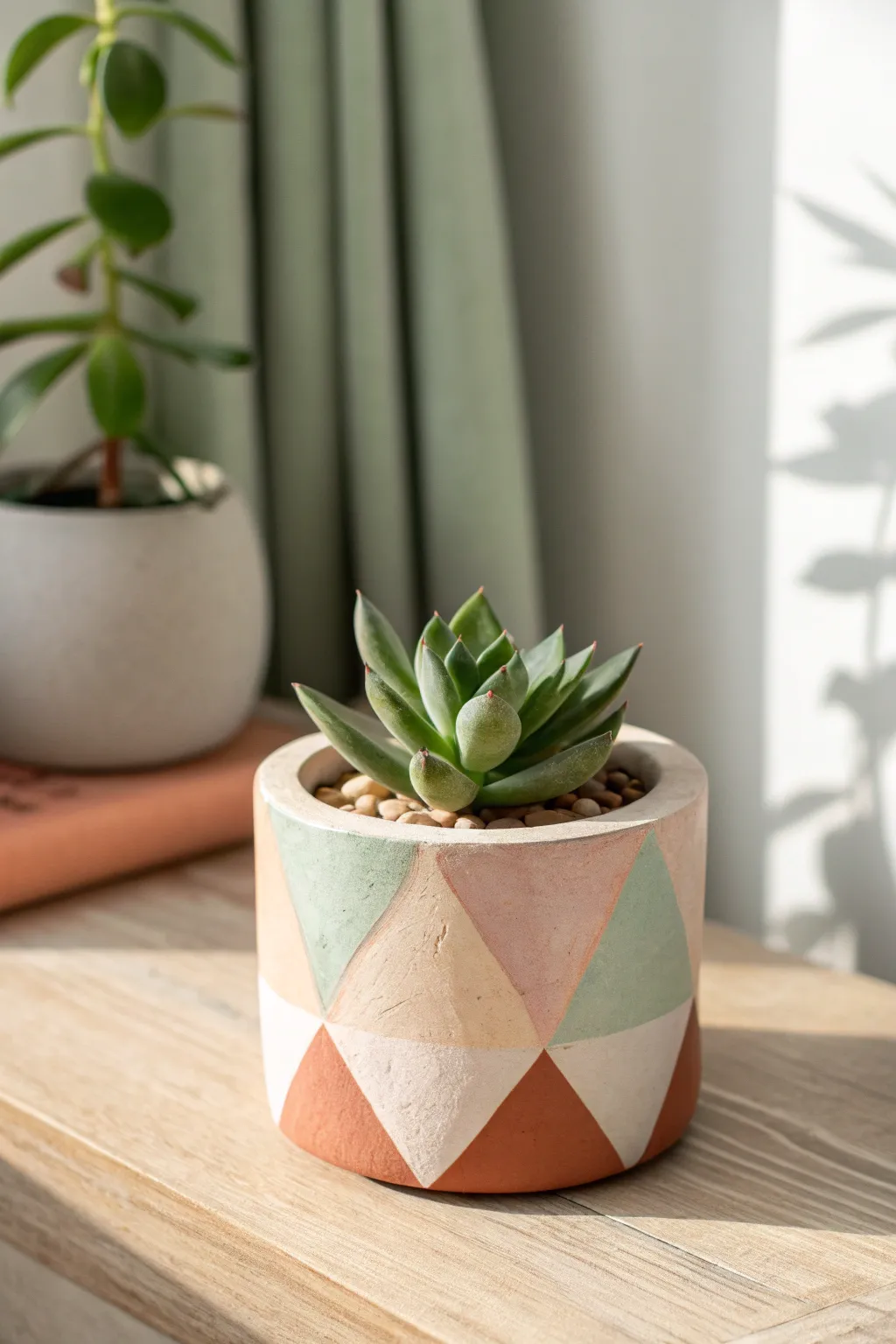 Minimal geometric polymer clay planter with a succulent, perfect for modern boho desks