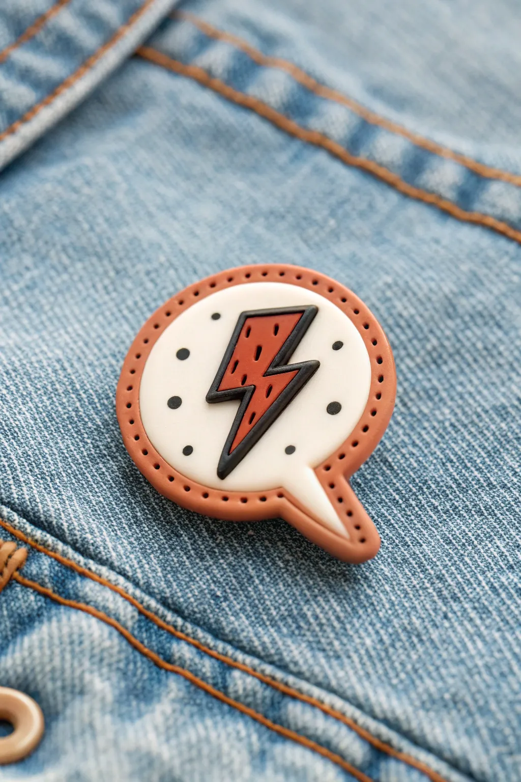 Bold comic speech bubble pin in matte polymer clay on denim, a fun easy idea for boys