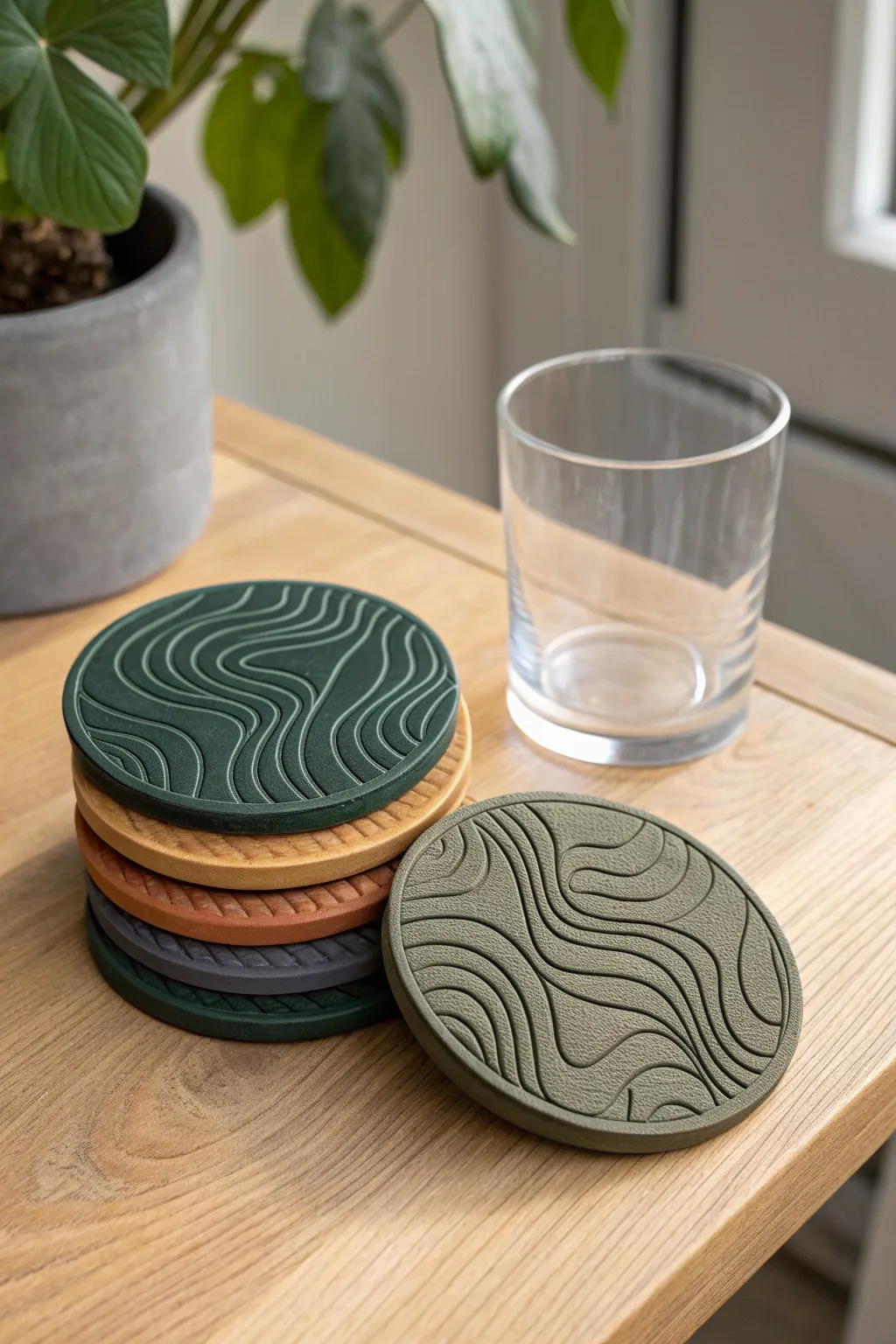 Topo-style polymer clay coasters in earthy tones, rugged vibe with clean minimalist styling