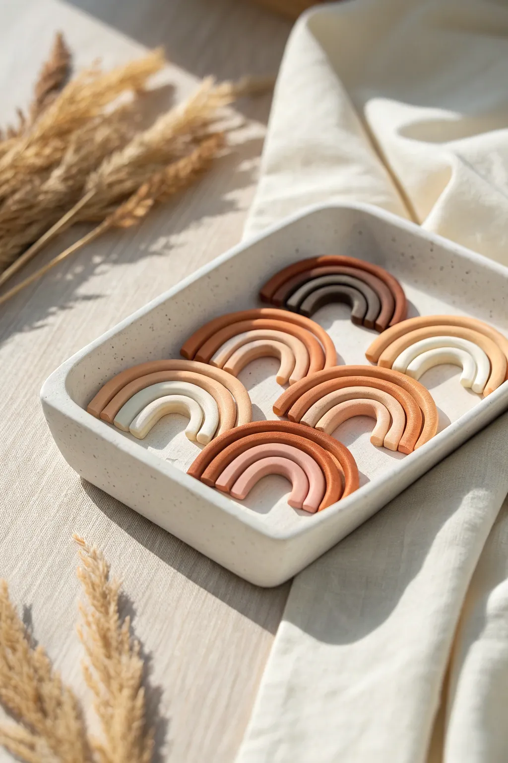 Bold striped polymer clay cane cuts arranged on a minimalist tray for instant pattern inspiration.