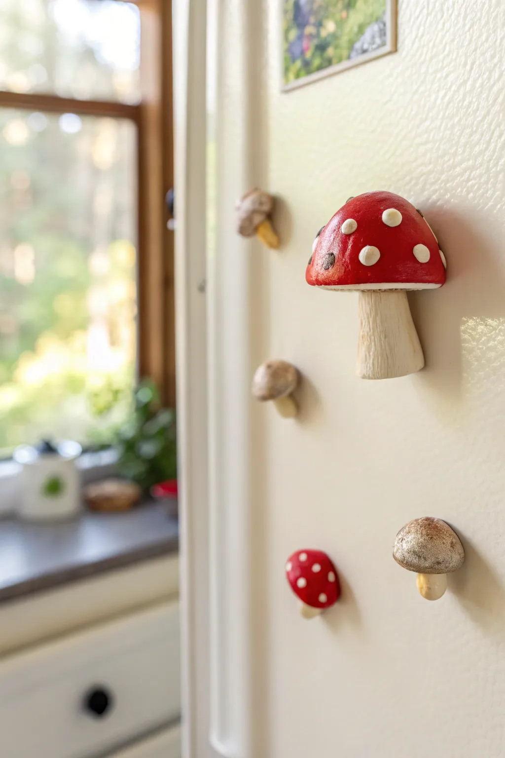 Speckled mushroom cap magnet on a matte fridge, minimalist Nordic style with a cozy boho touch