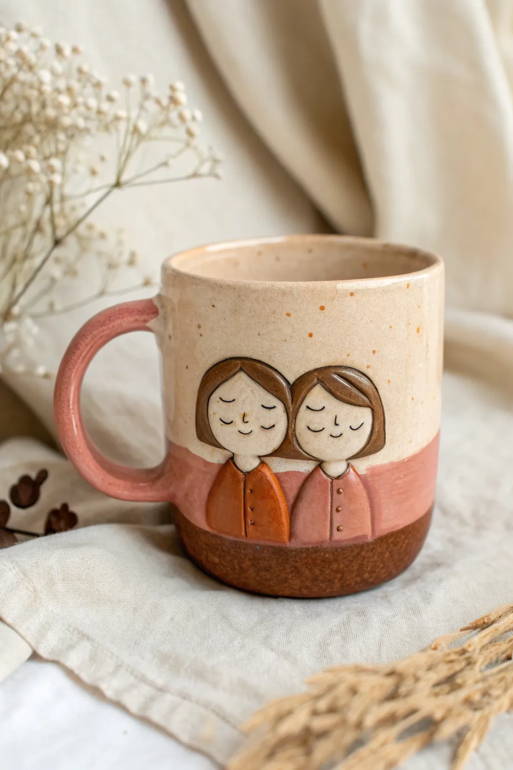 Mini portrait mug with two polymer clay friends, a cozy keepsake in warm minimalist style