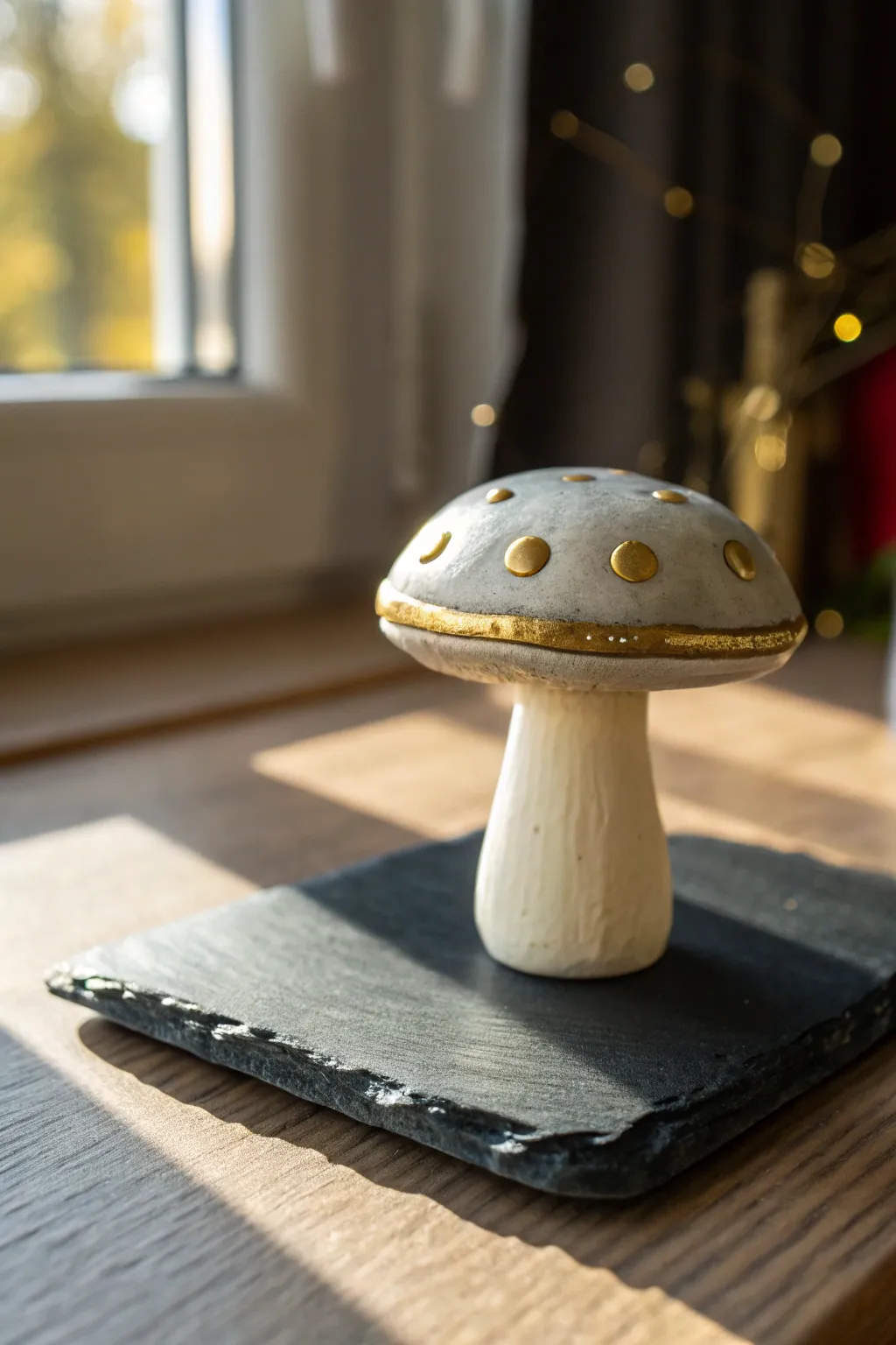 Minimal polymer clay mushroom with metallic accents for a simple, shimmering upgrade.