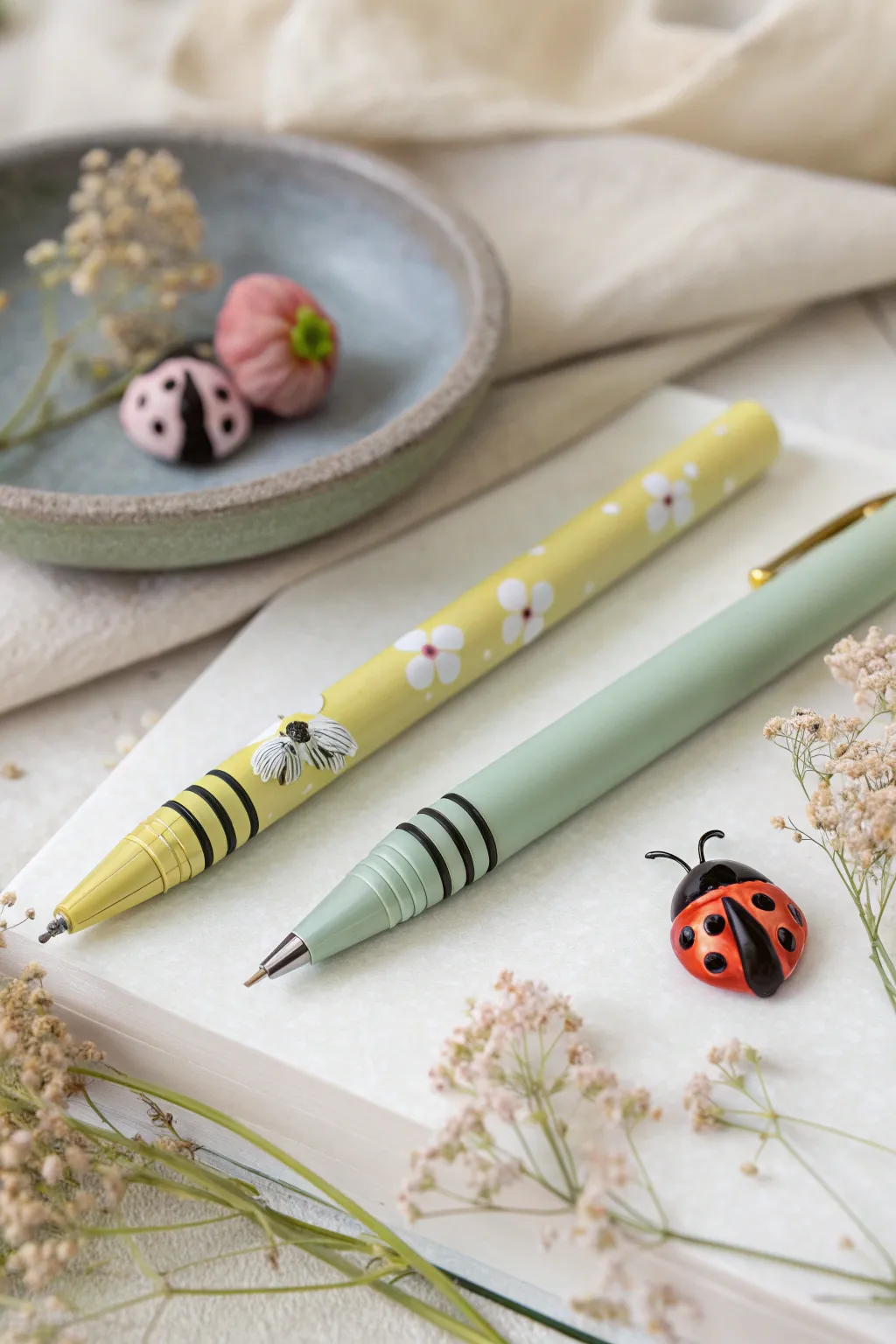 Spring garden bug pens in soft florals, with a bumblebee hero and a ladybug companion