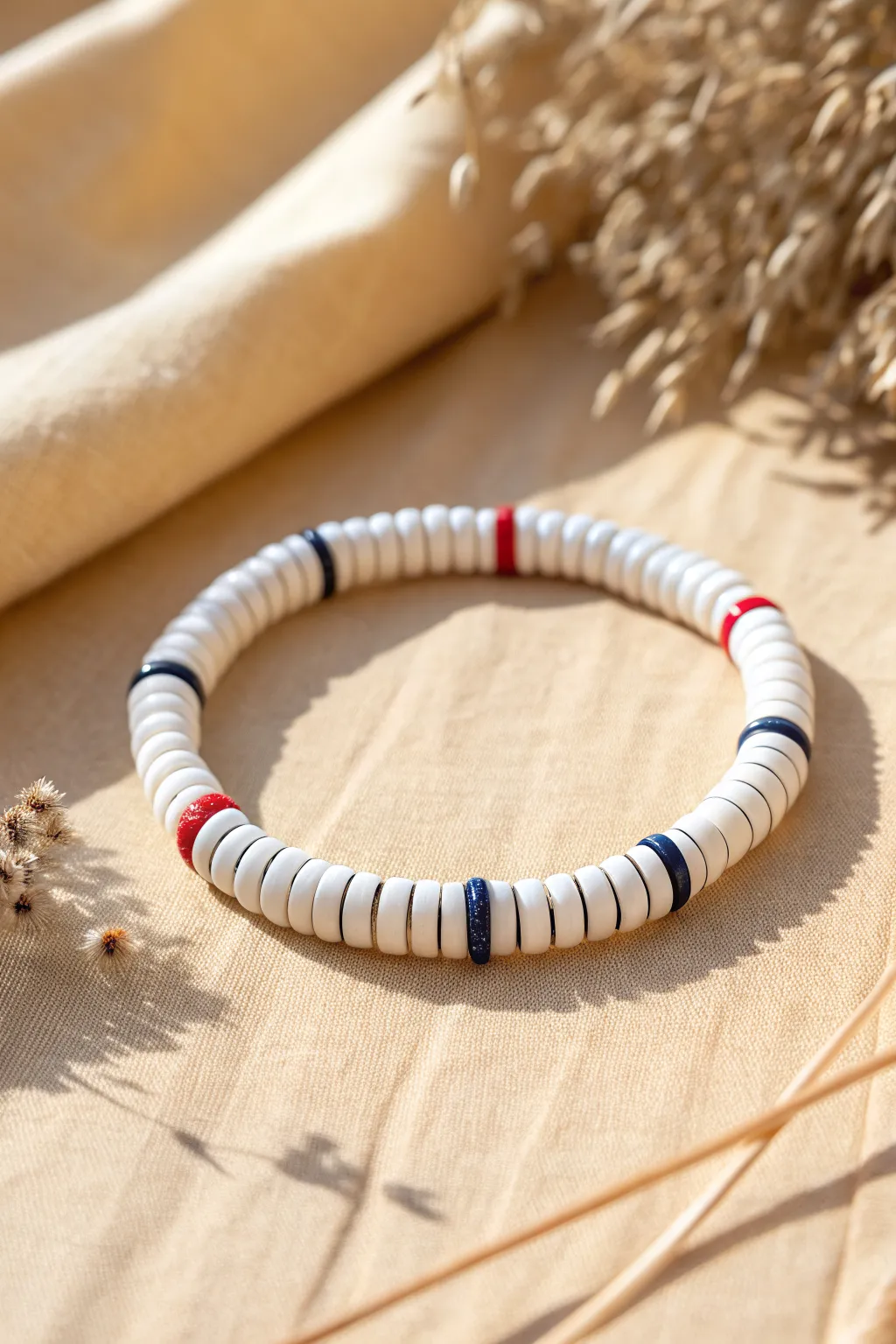 Notebook-stripe heishi bracelet in white, blue, and a tiny red line for school-core charm