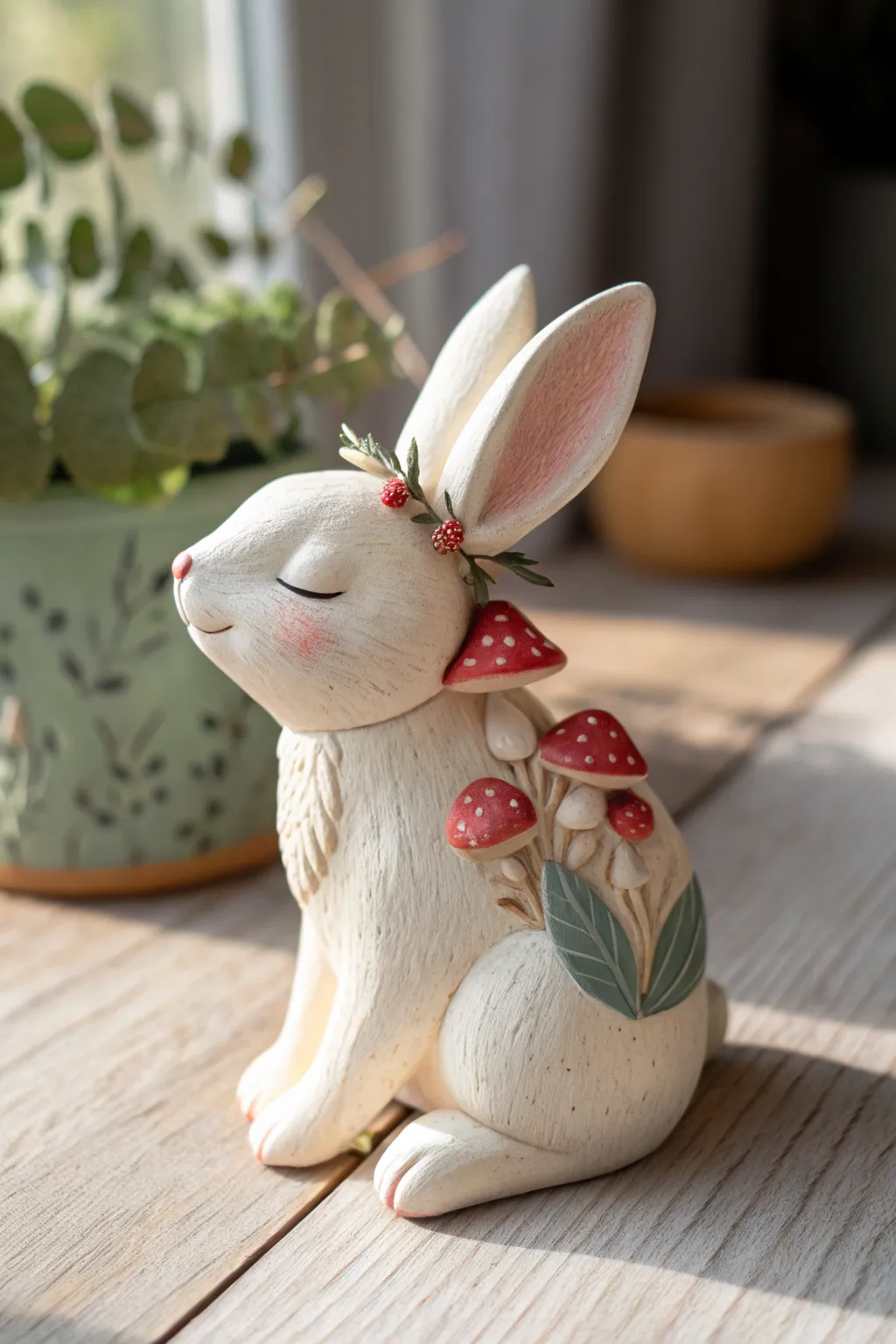 Cottagecore polymer clay bunny with tiny mushrooms and leaves, a gentle forest spirit for your shelf