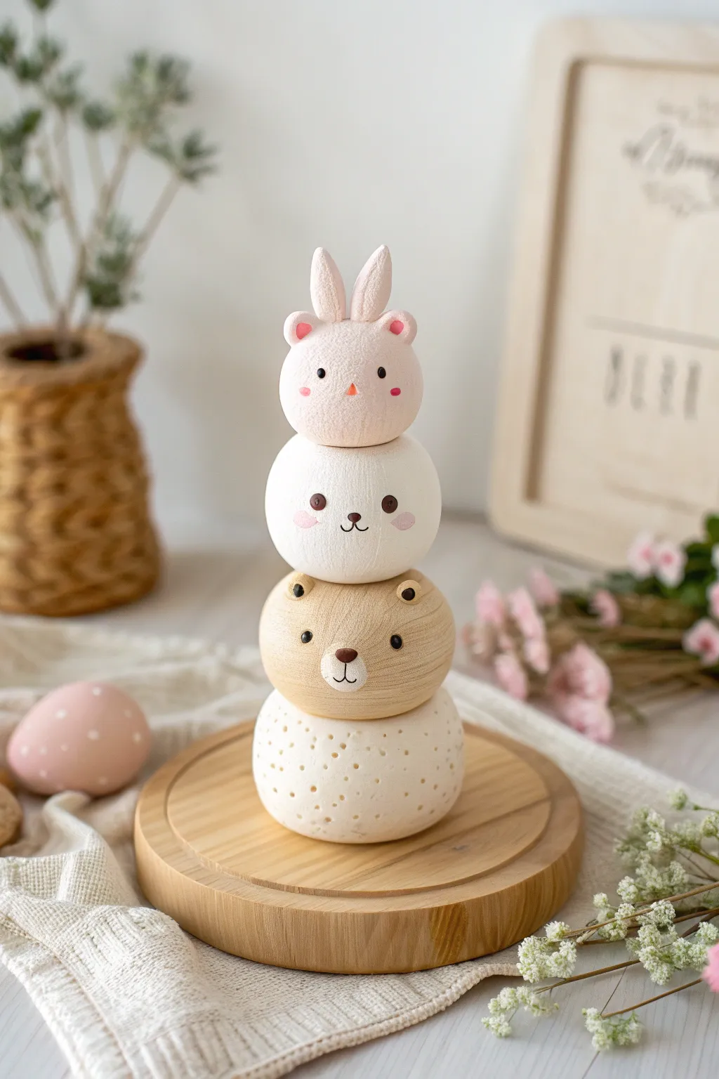 Beginner-friendly polymer clay animal totem, stacked bear bunny and cat in soft minimalist tones