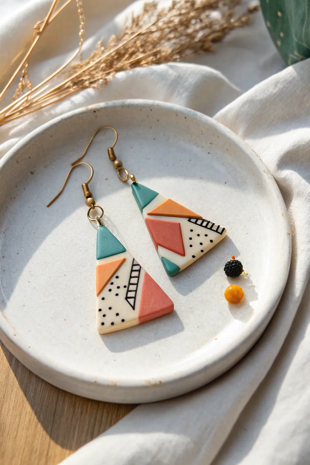 Retro geometric slab earrings in warm boho tones, minimalist styling, and crisp high contrast.