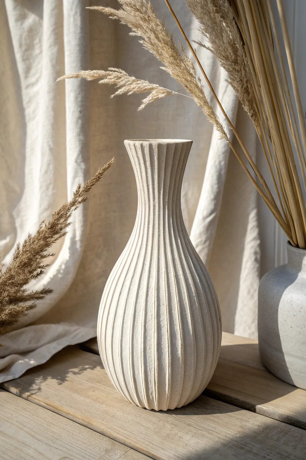 Minimal ribbed polymer clay vase with dried stems for modern Scandinavian-boho decor.