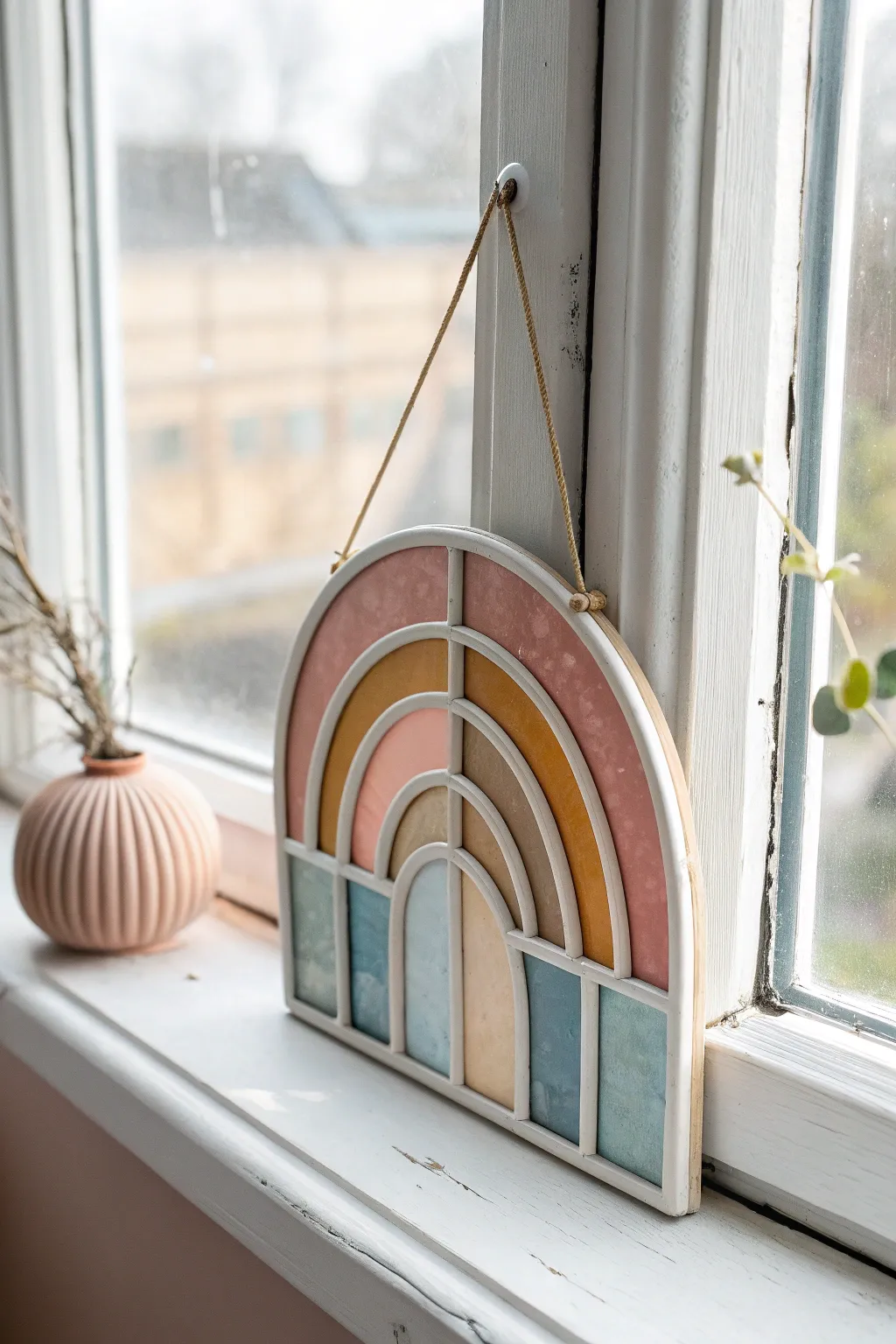 Faux stained glass polymer clay suncatcher that glows softly in a bright window