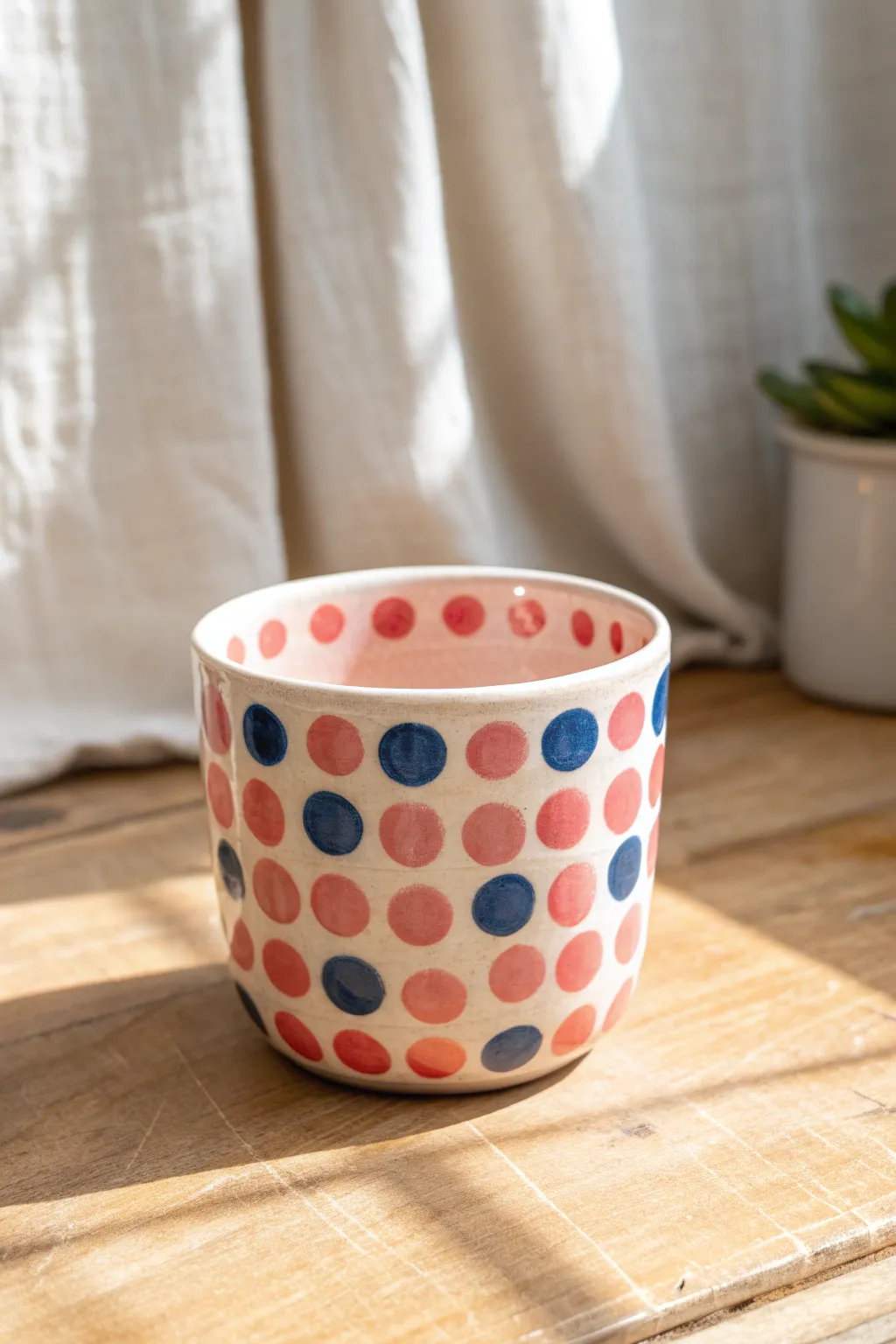 Pop art melting cup with glossy dots, minimalist styling and a playful boho vibe.