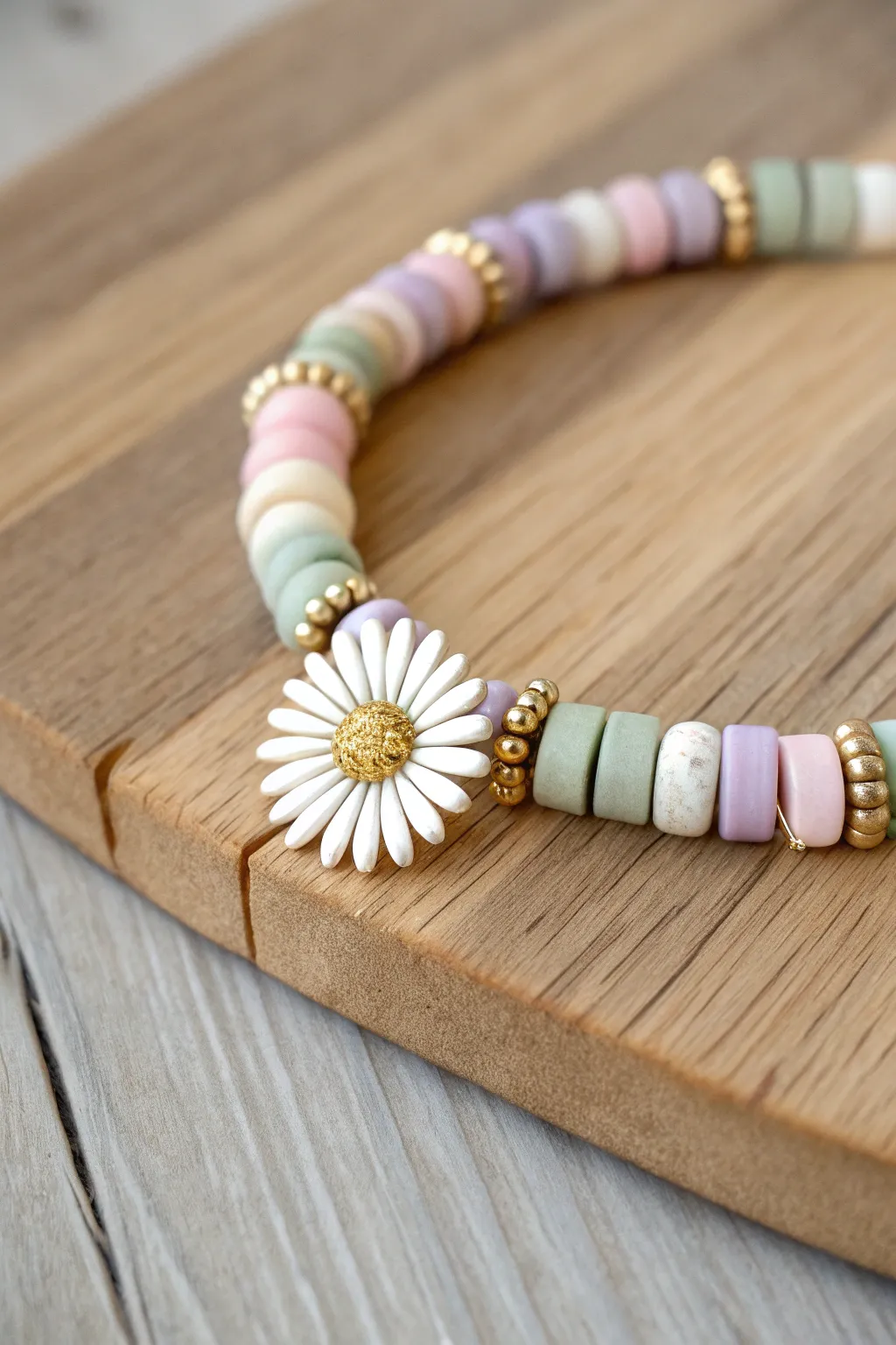 Pastel clay disc bracelet with daisy centerpiece, minimalist boho charm for everyday wear.