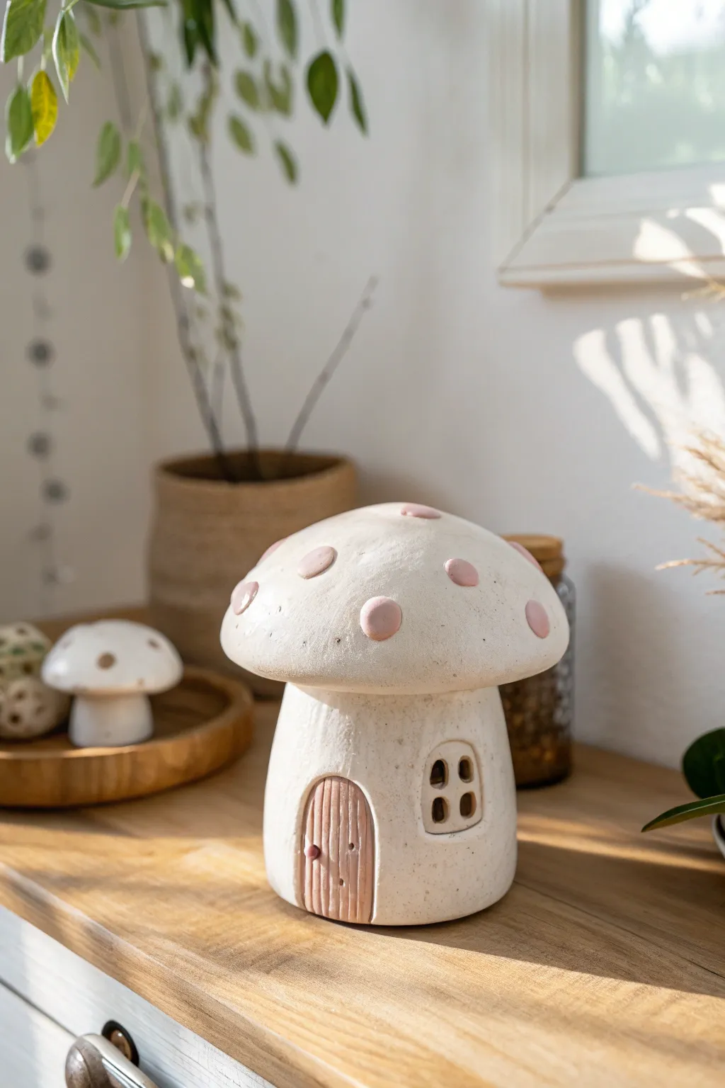 Whimsical porcelain mushroom house, a minimalist fairy-home accent for your desk or shelf.