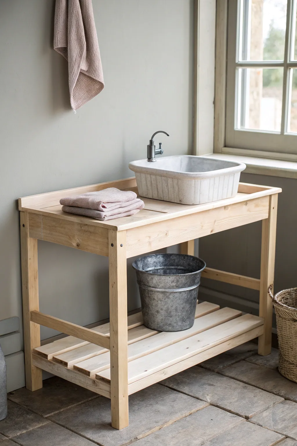 Tidy splash-safe bench end cap with tray, basin, towel, and bucket for easy cleanup.