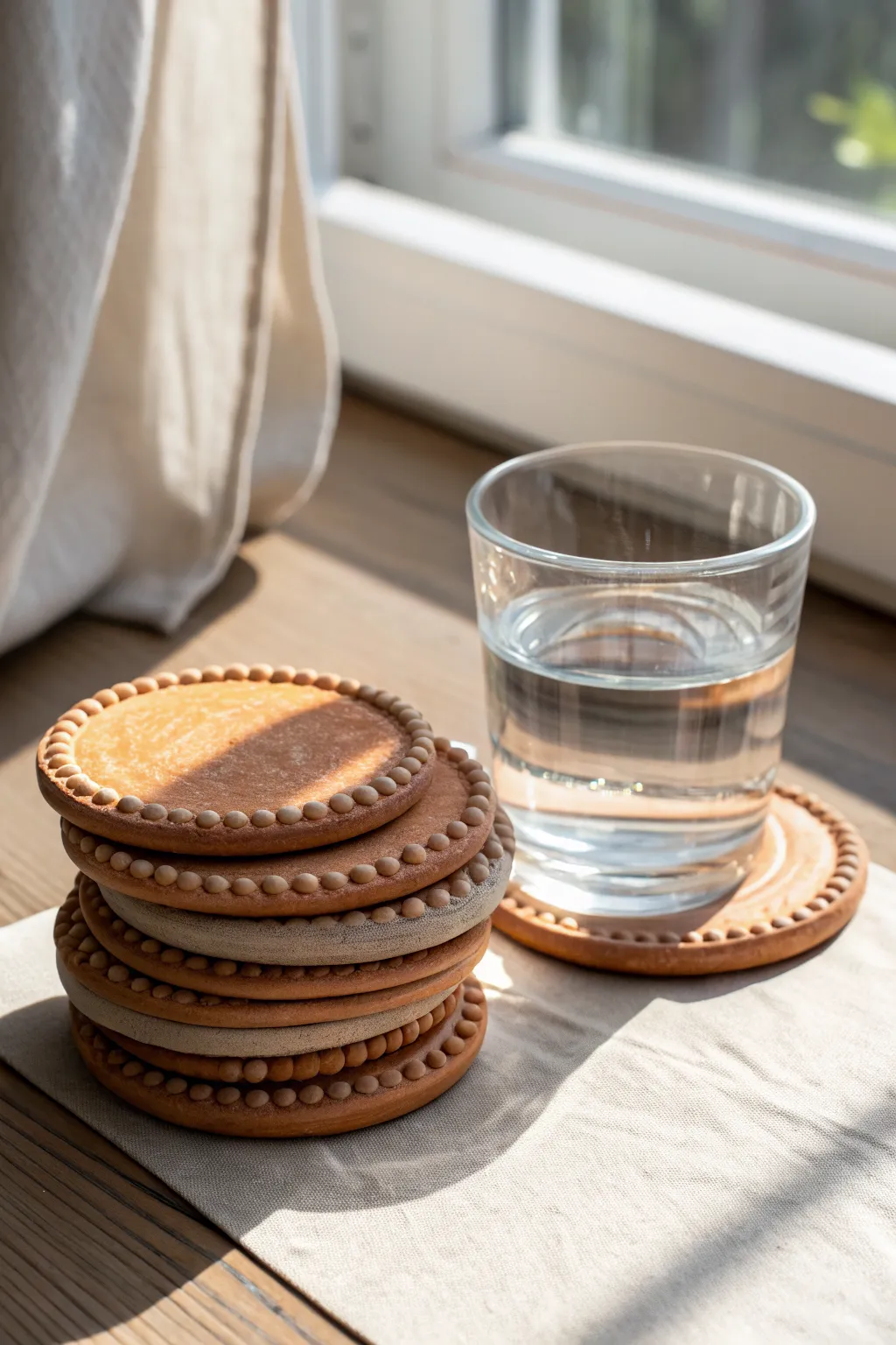 Beaded-edge mini coasters in earthy glazes, stacked neatly with a glass for simple styling.
