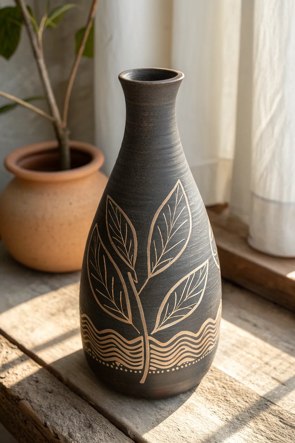 Minimal sgraffito vase with clean scratch-back leaf lines, soft light, and warm clay contrast